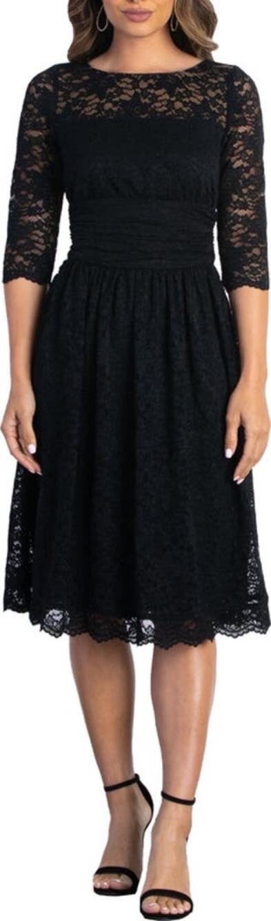 Kiyonna Luna Black Lace 3/4 Sleeve Midi Cocktail Evening Dress Plus Size 1X